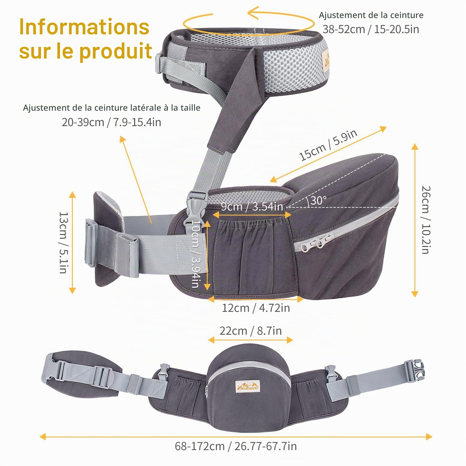 Viedouce Porte Bébé Hanche Ergonomique, Tabouret Siège de Hanche pour Nourrissons et Enfants, Multi Positions, Ceinture de Sécurité de 4-36 Mois （ Gris Foncé）
