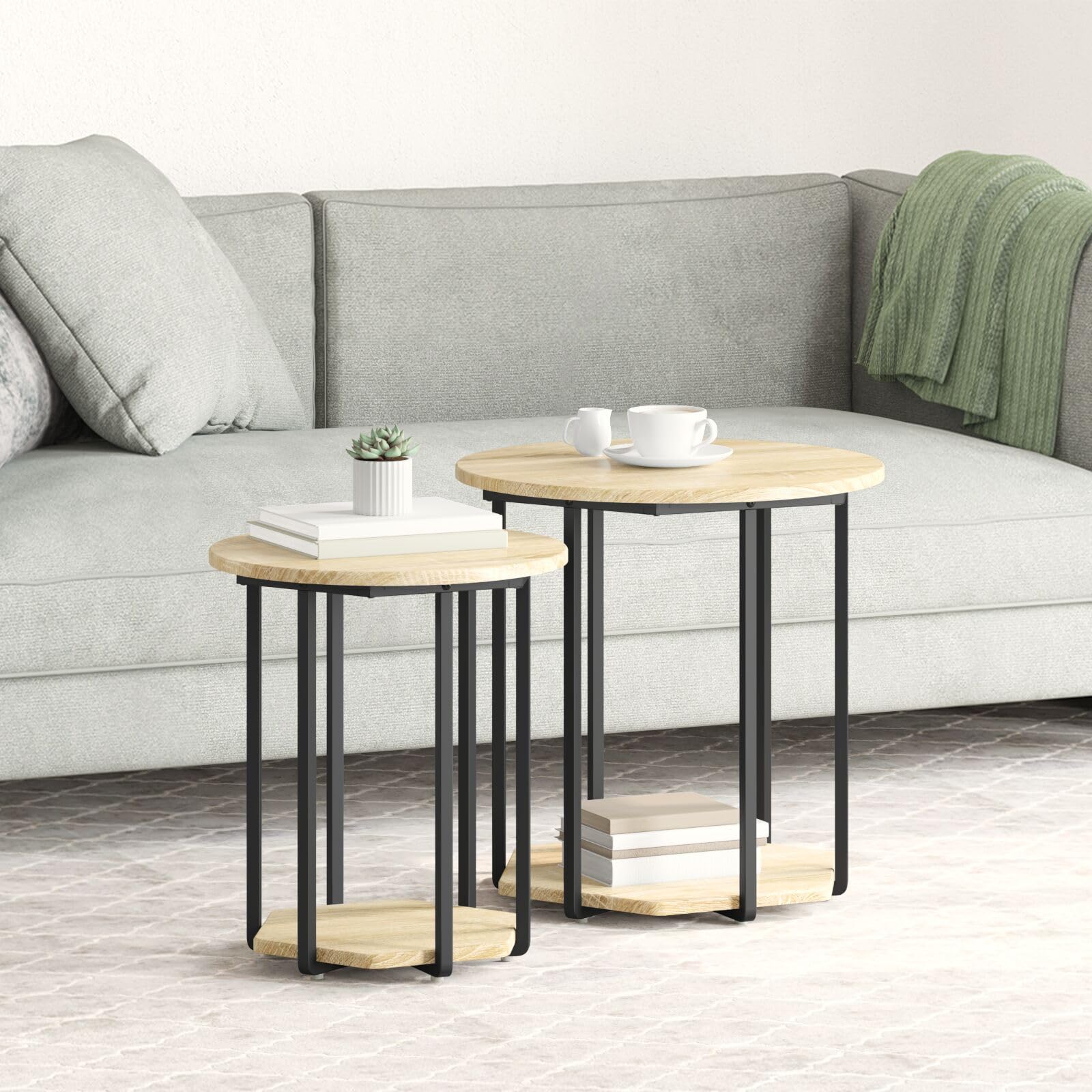 SXZenSpace 869715 Side Table Set of 2,Sonoma Oak Wood and Metal - Modern Nightstand End for Home Bedroom Living Room Easy Assembly Hallway Coffee