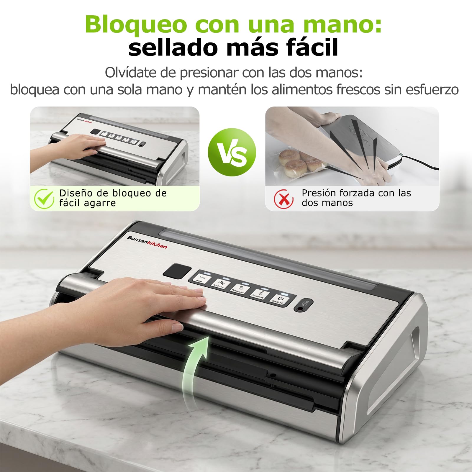 Bonsenkitchen Envasadora al Vacío, Sellado Ancho 5mm Antifugas, Acero Inoxidable, Una Mano & Pulse Seco/Húmedo, Envasadora al Vacío de Alto Rendimiento incl. 1 Rollo & 10 Bolsas, VS4200