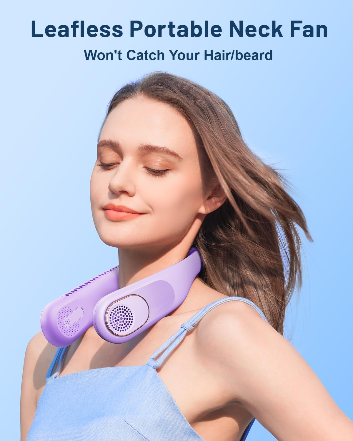Woman wearing the bladeless neck fan, demonstrating no hair entanglement.
