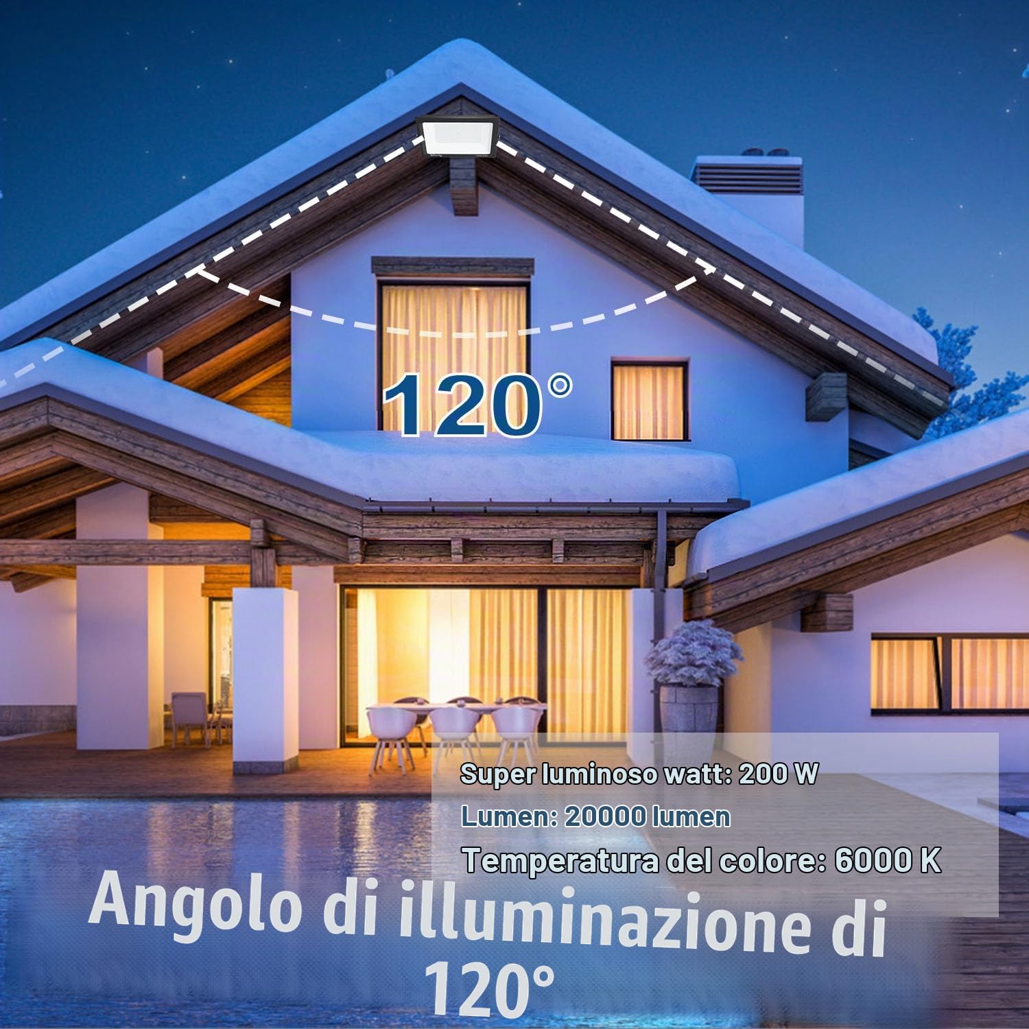 200W Faretto LED da Esterno, Super Luminosa 20000LM Faro LED Esterno Impermeabile IP66, 6500K Bianco Freddo Faretti LED, per Giardino, Cortile, Garage, Pareti