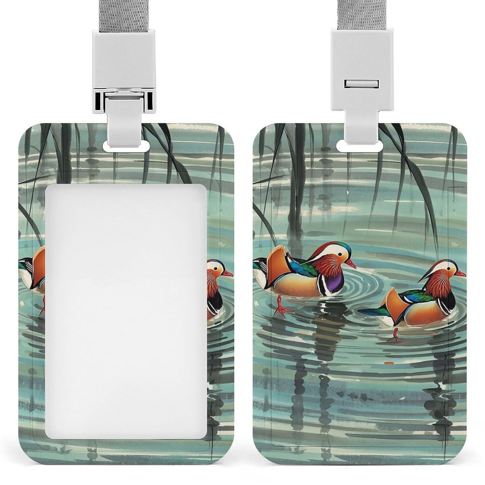 ID Card Holders for Lanyard,Chinese Style Mandarin Ducks Printed Badge Holder with Clear Window,Plastic Vertical Bus Pass Holders for Work Teacher Nurse Employees Proximity Key Cards Women Men — image 1