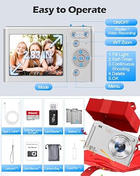 4K Digital Camera for Photography, 64MP Autofocus Vlogging Cam for YouTube, Anti-Shake, 2.83'' LED Screen, 18X Zoom, Point and Shoot Digital Camera for Teens Adult Beginner (DC A1 Silver)