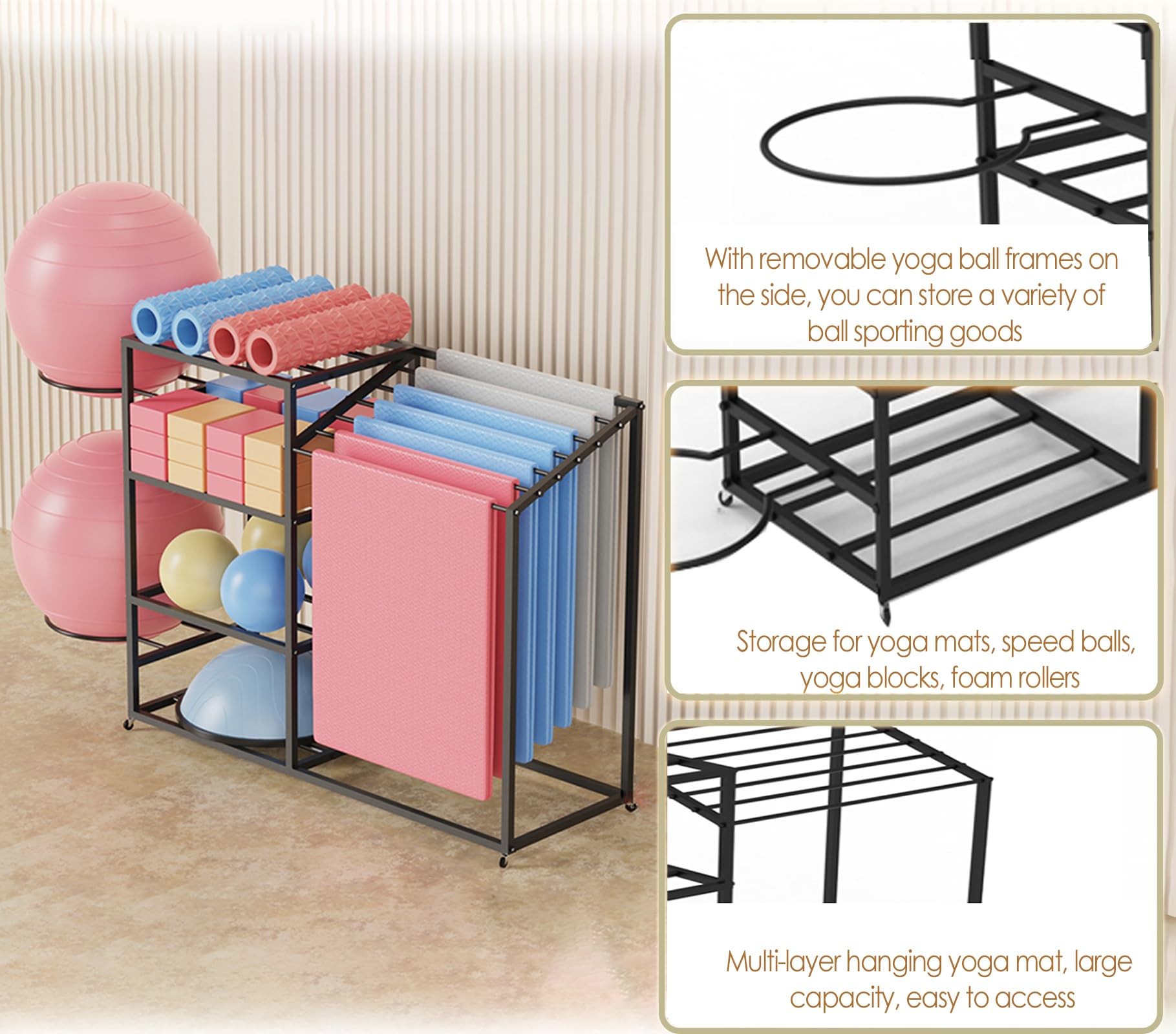 Soporte para Esterilla de Yoga, con Ruedas, para Guardar Rodillos de Espuma en el Gimnasio y Entrenar en casa, Organizador de Suelo para Pilates y colchonetas de Ejercicio (Blanco, 70 x 55 x
