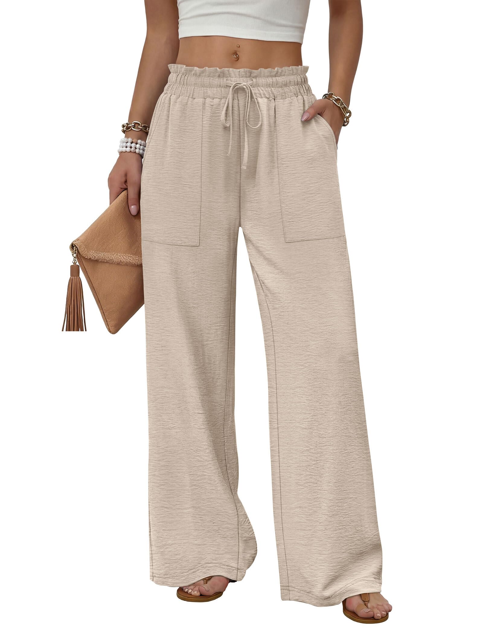 WIHOLL Women's Wide Leg Pants with Pockets Drawstring Loose Trousers Business Work Pants Summer Beach Vacation Clothes