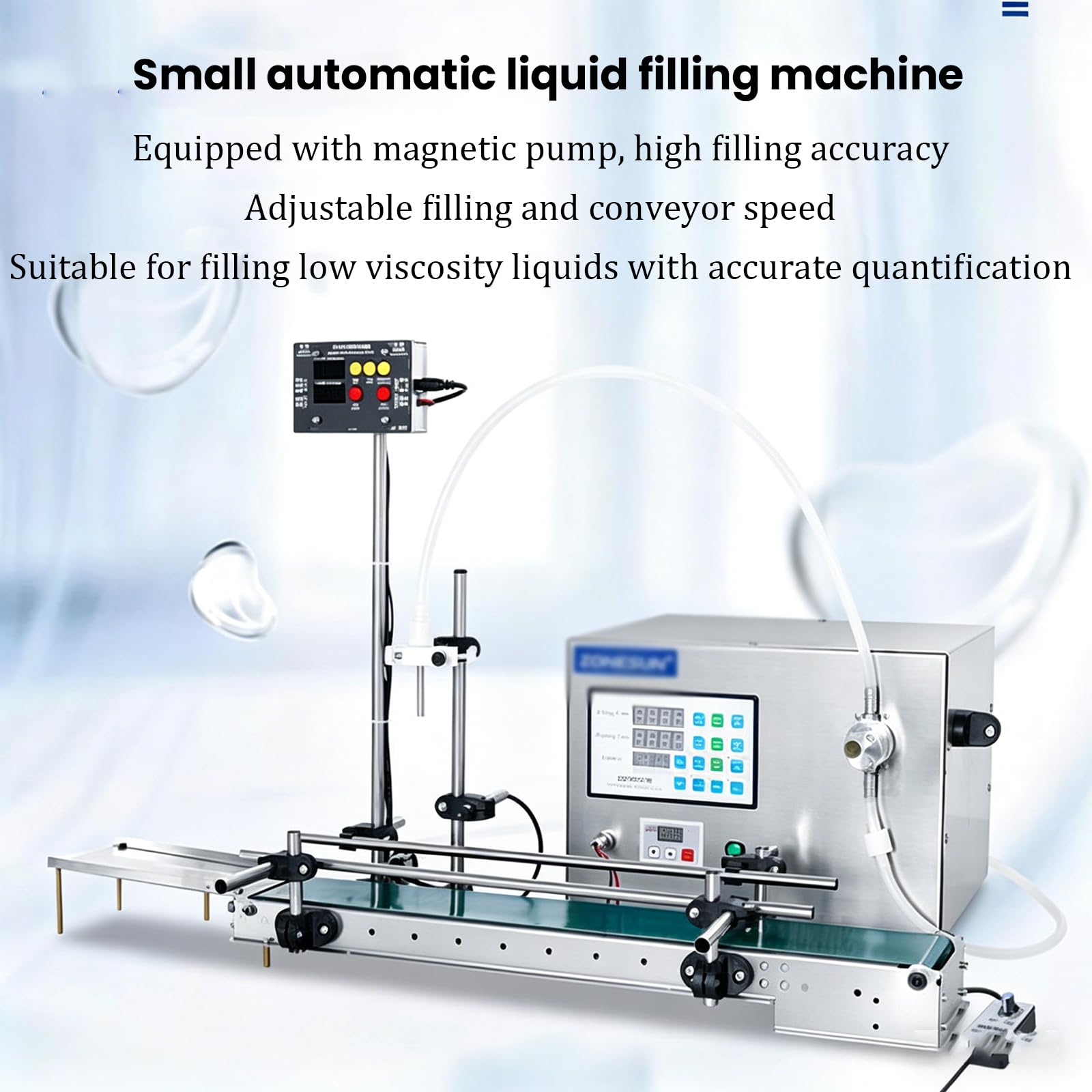 Máquina llenadora de líquidos para botellas, equipo de llenado cuantitativo de 60 cm con transportador de 60 cm y bomba magnética, botella con sensor automático, velocidad de llenado y entrega