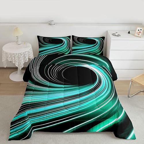 Miniatura 10 de Juego de edredón geométrico, color gris y blanco, diseño de rayas de arte abstracto, tamaño individual, para niños y niñas, edredón retro Multi