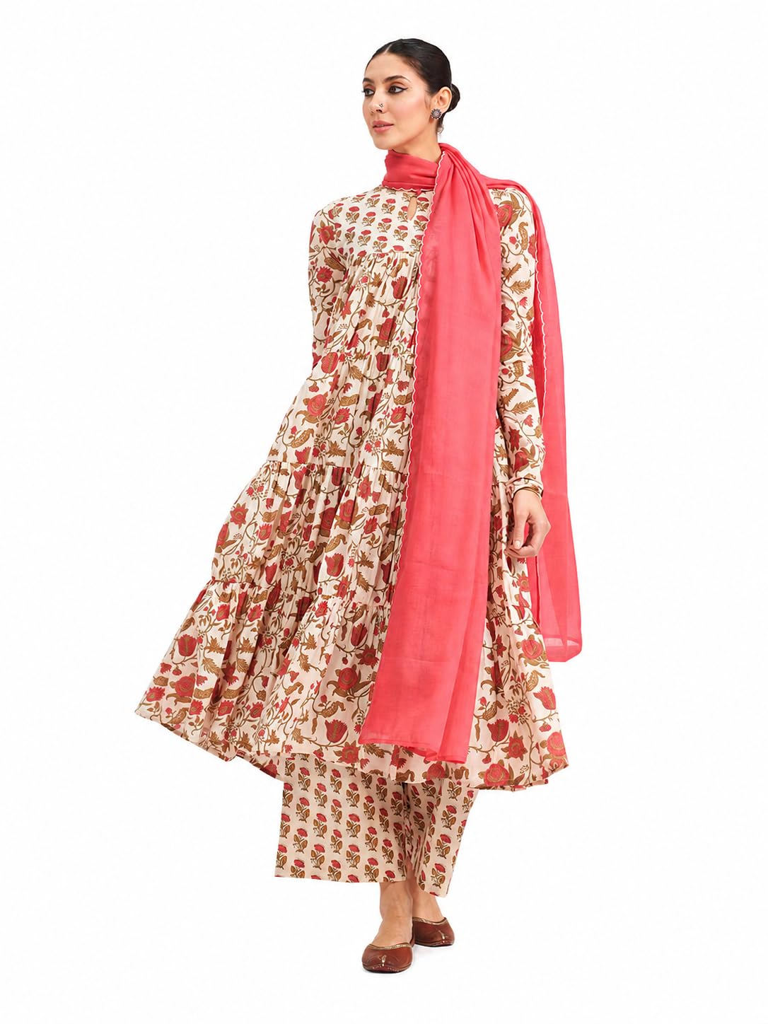 Women Beige Floral Printed Pure Cotton Anarkali Kurta Set with Dupatta-image-32