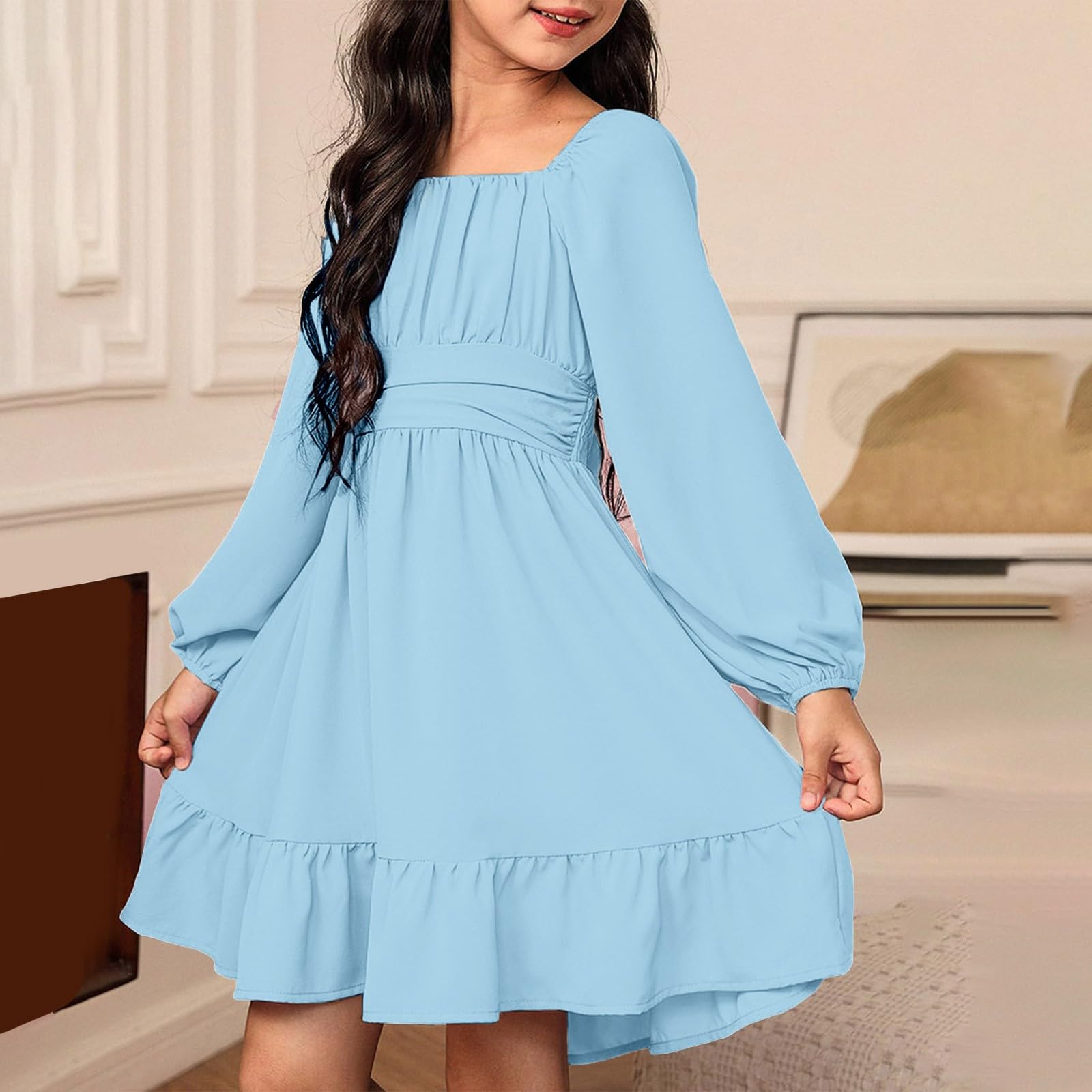Vestido de fiesta para niñas, elegante vestido de otoño de manga larga con volantes en la espalda, vestido de princesa, boda, cumpleaños, vestido casual liso para niños
