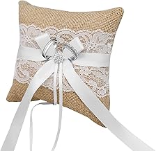 HANIUTTY Coussin Alliance Mariage 20 * 20CM, Coussin Vintage en de Jute Porte Alliance Mariage Porteur Oreiller Anneau Rustique Mariage Coussin Porte-Alliance en Dentelle