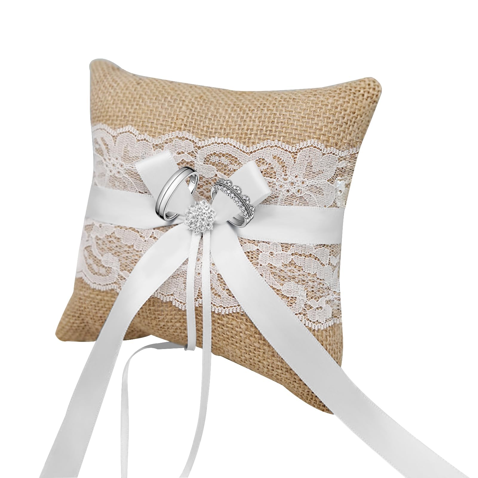 HANIUTTY Cuscino Fedi Nuziali 20x20cm - In Lino E Pizzo, Con Fiocco, Per Cerimonie - Foto 3