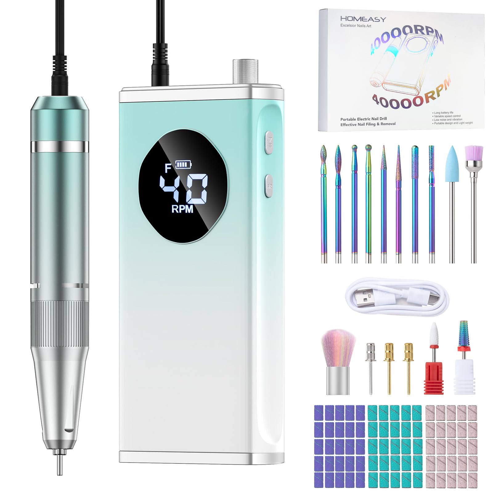 HOMEASY Electric Nail Drill, 40000RPM Professional E-Filer Rechargeable with 15 Drill Bits, Portable Nail File Electric Nail Filer for Acrylic Nails