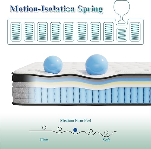 Miniatura 4 de Colchón híbrido de 12 pulgadas con espuma viscoelástica y resortes individuales en caja, sensación firme media, alivio de presión, soporte de