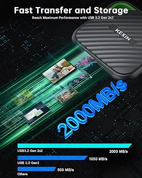 KEXIN External SSD 512G USB C Portable SSD Up to 2000MB/s External Solid State Drive USB 3.2 Gen 2x2 Type-C Portable Solid State Drive for PC Mac Game Console