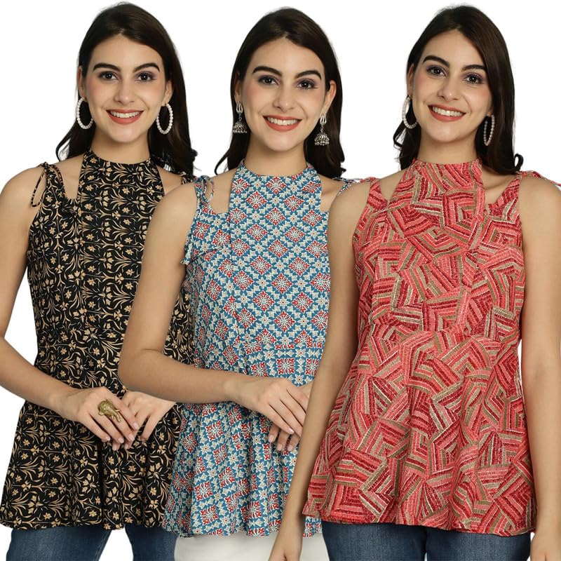 Image of Pinkmint Halter Neck with Tie Back Short Combo Tops for Women ll Fancy Regular Fir Tops ll Casual Wear (Pack of 3)