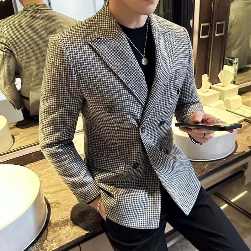 Men's Vintage Houndstooth Blazer Retro Double Breasted Peak Lapel Suit Jacket Formal Casual Sports Coat4