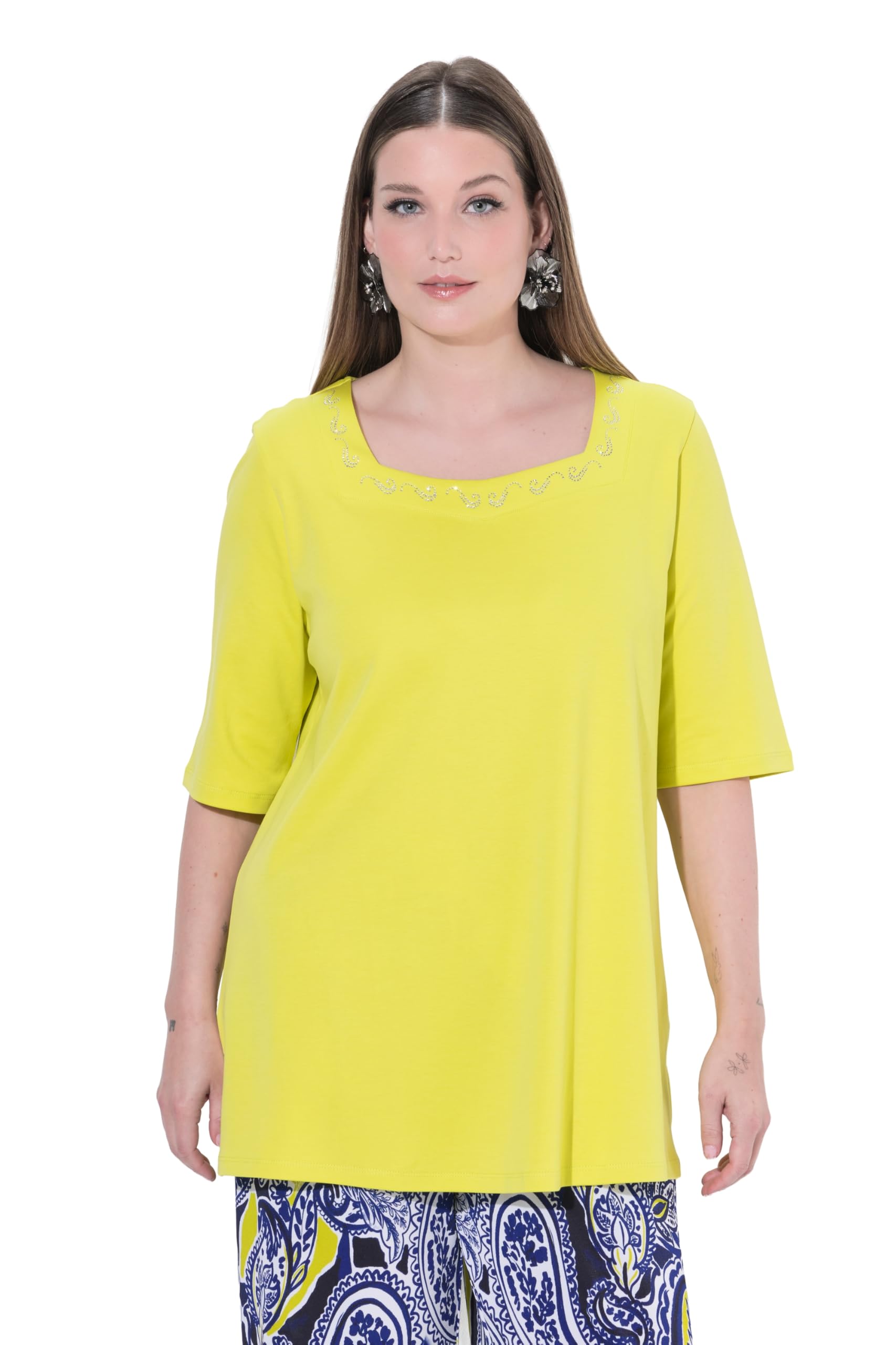 Ulla Popken Damen große Größen Übergrößen Plus Size T-Shirt, Ziersteine, Carré-Ausschnitt, Halbarm, Pima Cotton 850108