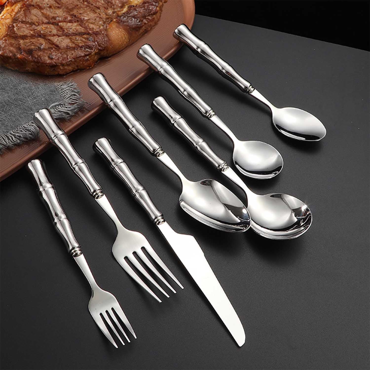 28-teiliges Edelstahl Besteckset für 4 Personen, 7-teilig pro Person, Bambusgriff & Spülmaschinenfest Silber