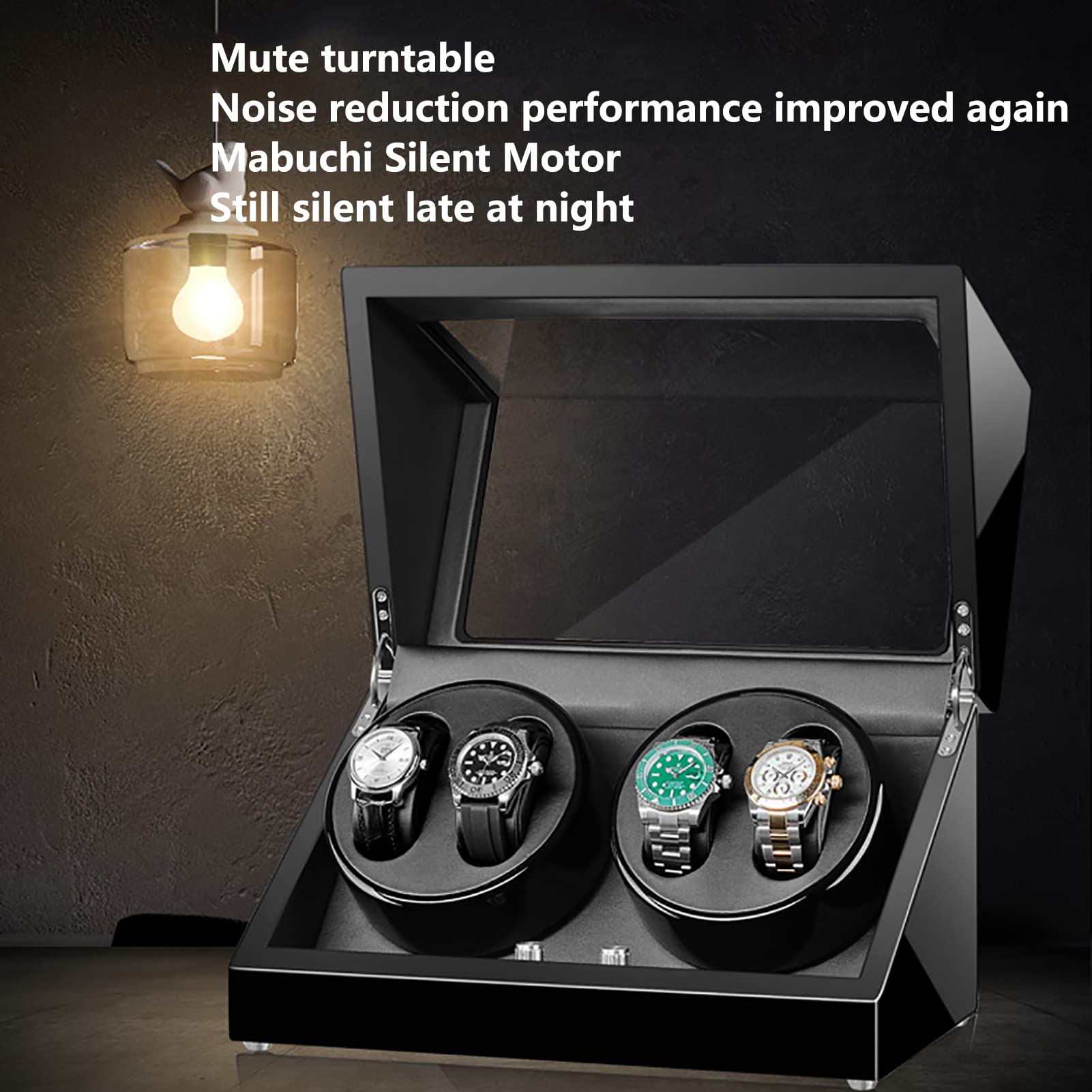 Uhrenbewegerbox 4 für Automatikuhren, drehbare Uhrenvitrine aus Holz, staubdichtes Gehäuse für mechanische Uhren mit Selbstaufzug, leiser Mabuchi-Motor und 5 Rotationsmod，E