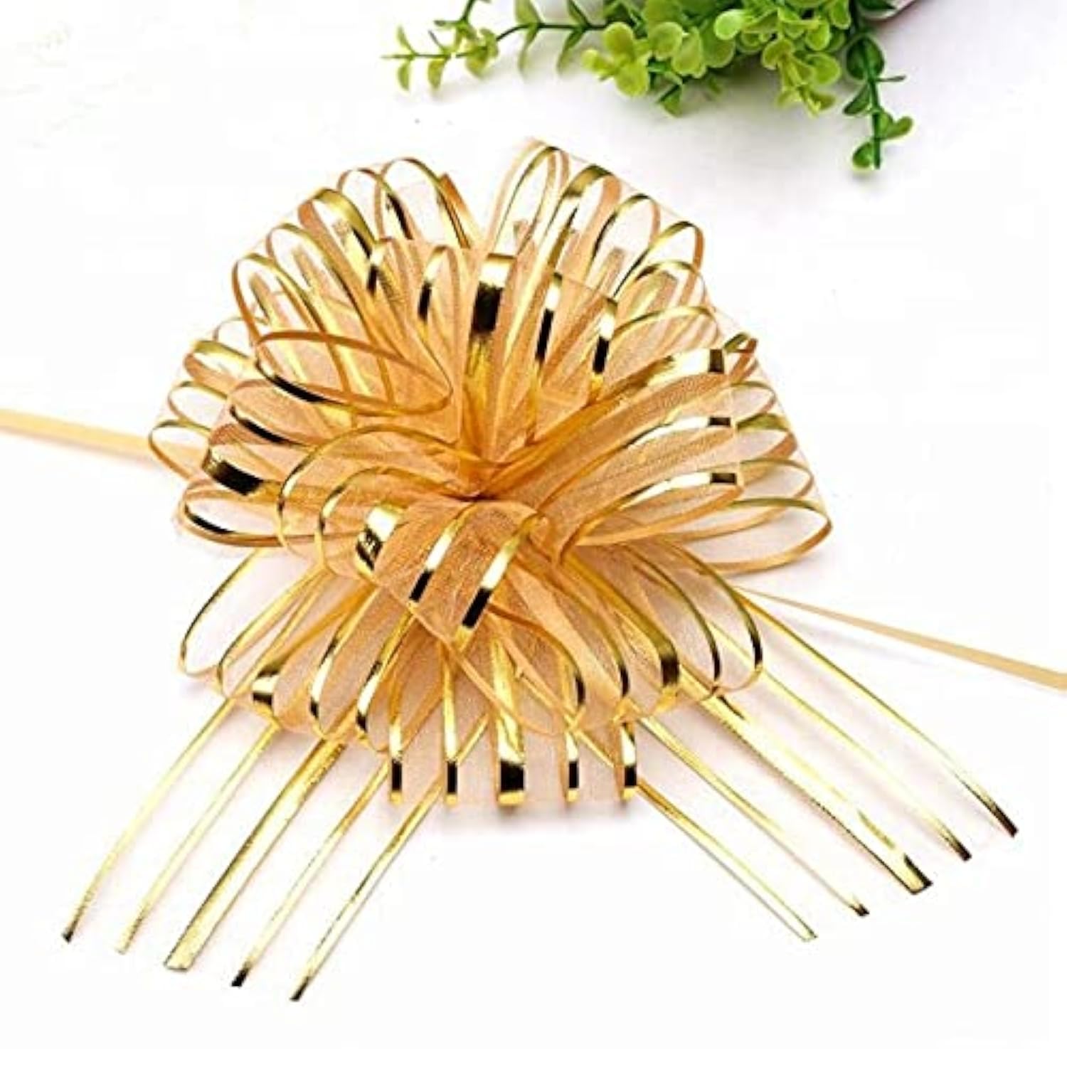 10pc Big Organza Pull Bow Flower Ribbon 2InchX35 Inch Long Tulle Tails for Gift Wrap, Wedding &Christmas Gift. 6Inchx6Inch Ready Size (Golden Color, Set of 10)