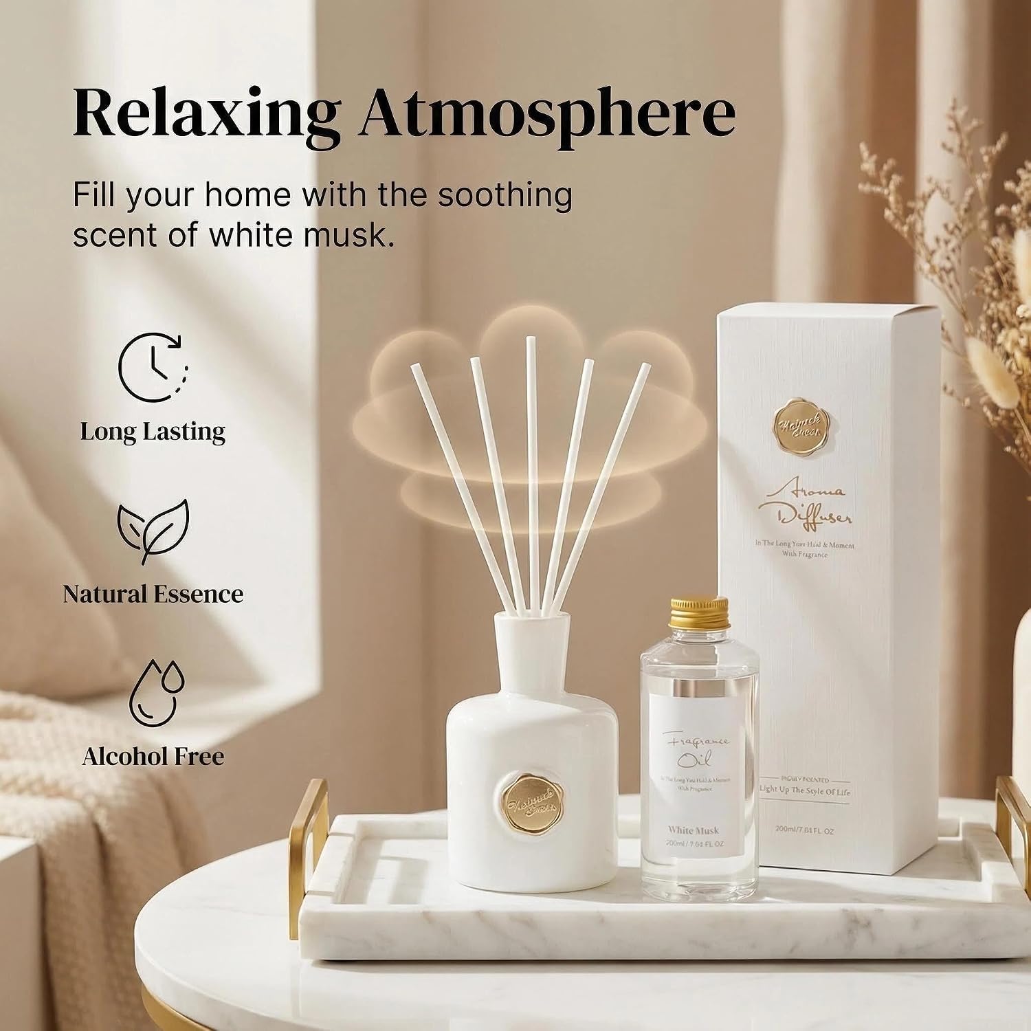 White Musk Reed Diffuser, Long Lasting Essential Oil Home Fragrance