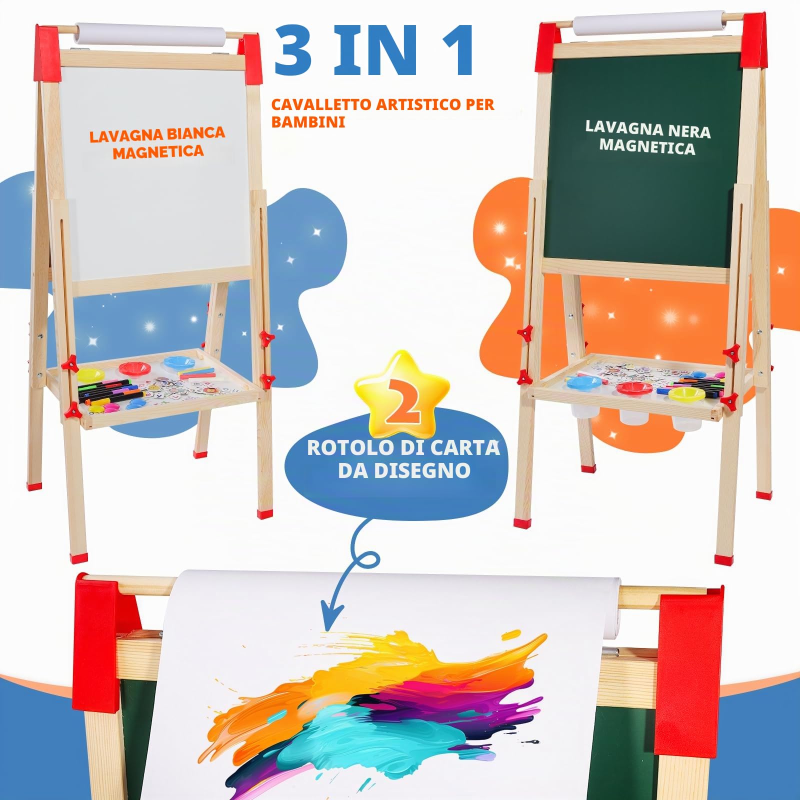 Cavalletto per Bambini in Legno con Supporto per Rotoli di Carta, Doppia Faccia, Lavagna per Giochi in Legno, Lavagna per Gessi e Lavagna Bianca per Ragazzi e Ragazze