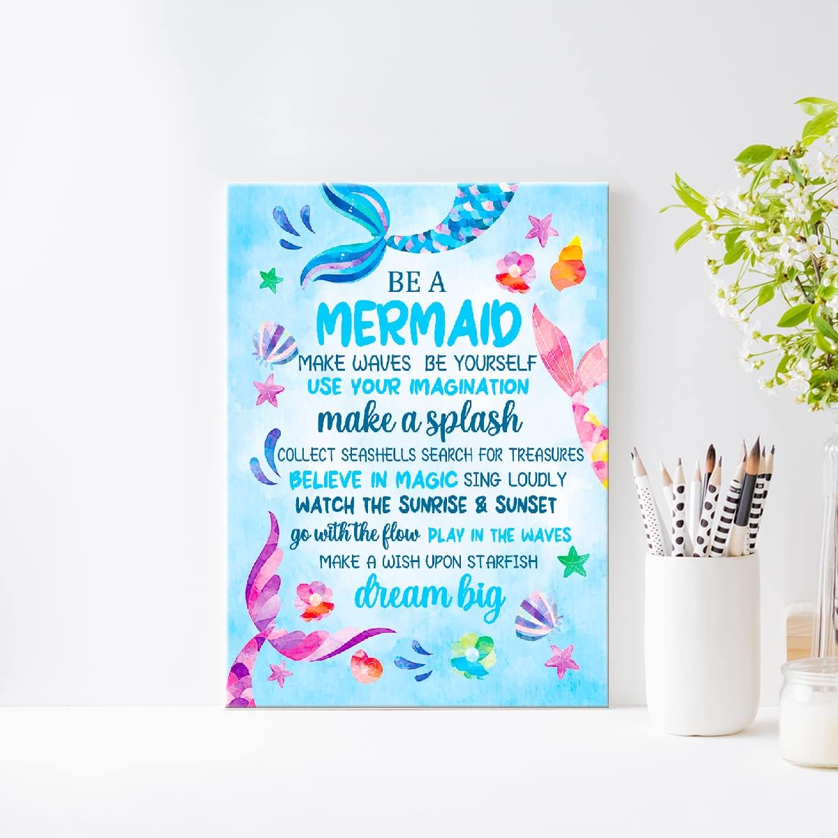 JANLAN Mermaid Wall Art for Girls Room,Inspirational Wall Decor for Kids,Teen Girl Room Canvas Wall Decor