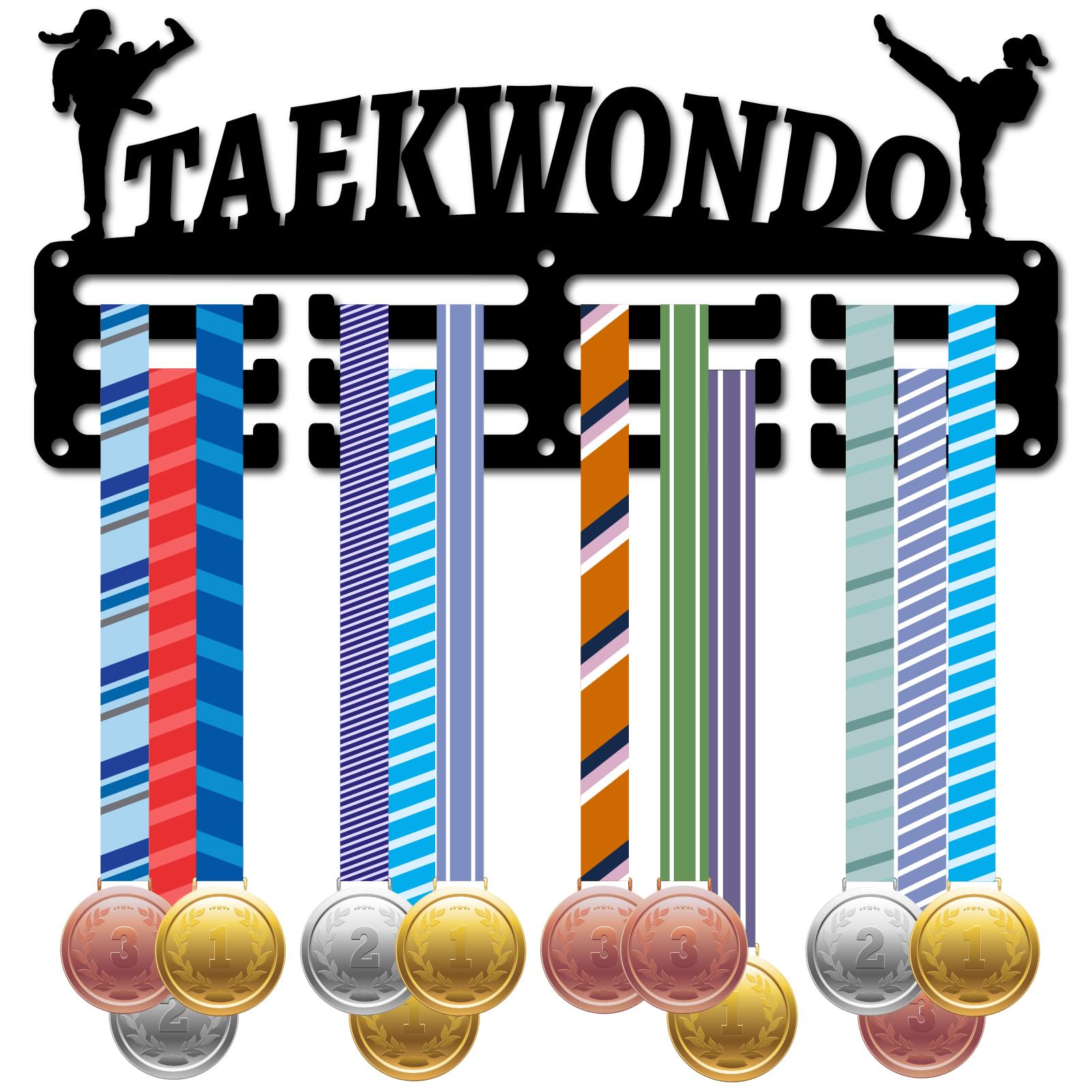 CREATCABIN Porta Medaglie in Metallo Taekwondo Piccolo Porta Premi Sportivi Nastri Espositore Parete Decorazione 3 Fila Design Contiene 40+ medaglie Atlete Giocatrici Distintivi Gara 29x13cm