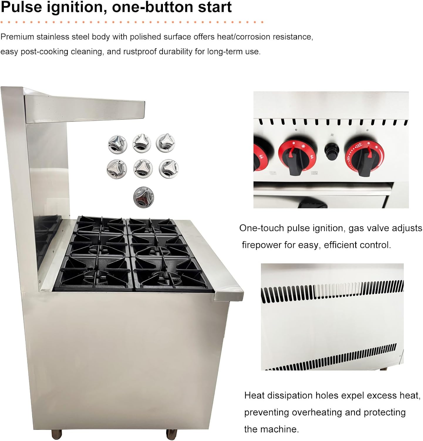 Commercial 6 Burner Gas Range with Bottom Oven - Natural Gas (178,000 BTU), Stainless Steel Stove, Oven Size 23.6"×21.6"×10.2", Rear Splash Guard for Restaurant/Commercial Kitchen