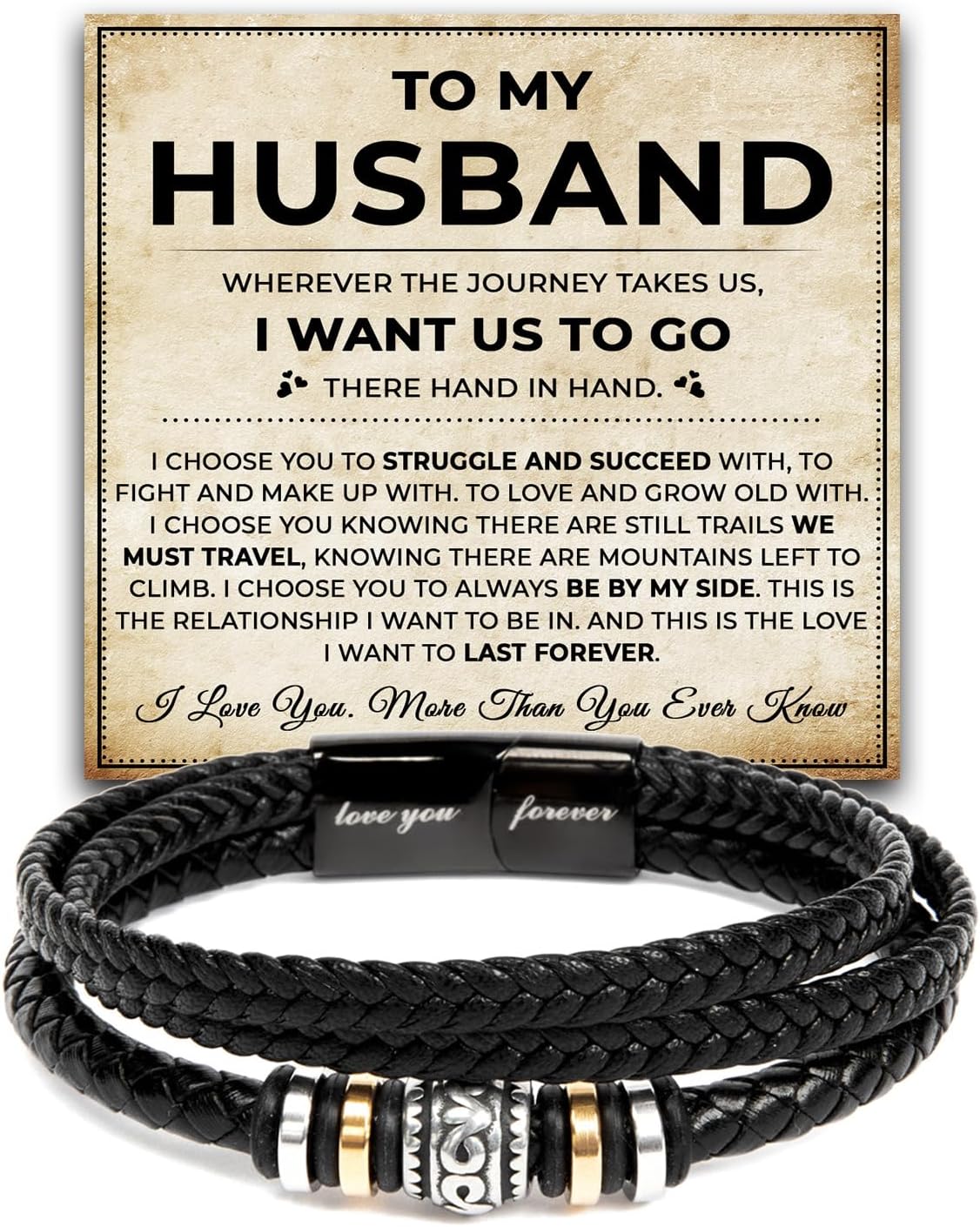 To My Husband Bracelet From Wife, Gifts For Husbands Leather Braided Love You Forever Bracelet, Wedding Valentine Christmas Birthday Gift For Husband With Message Card And Box