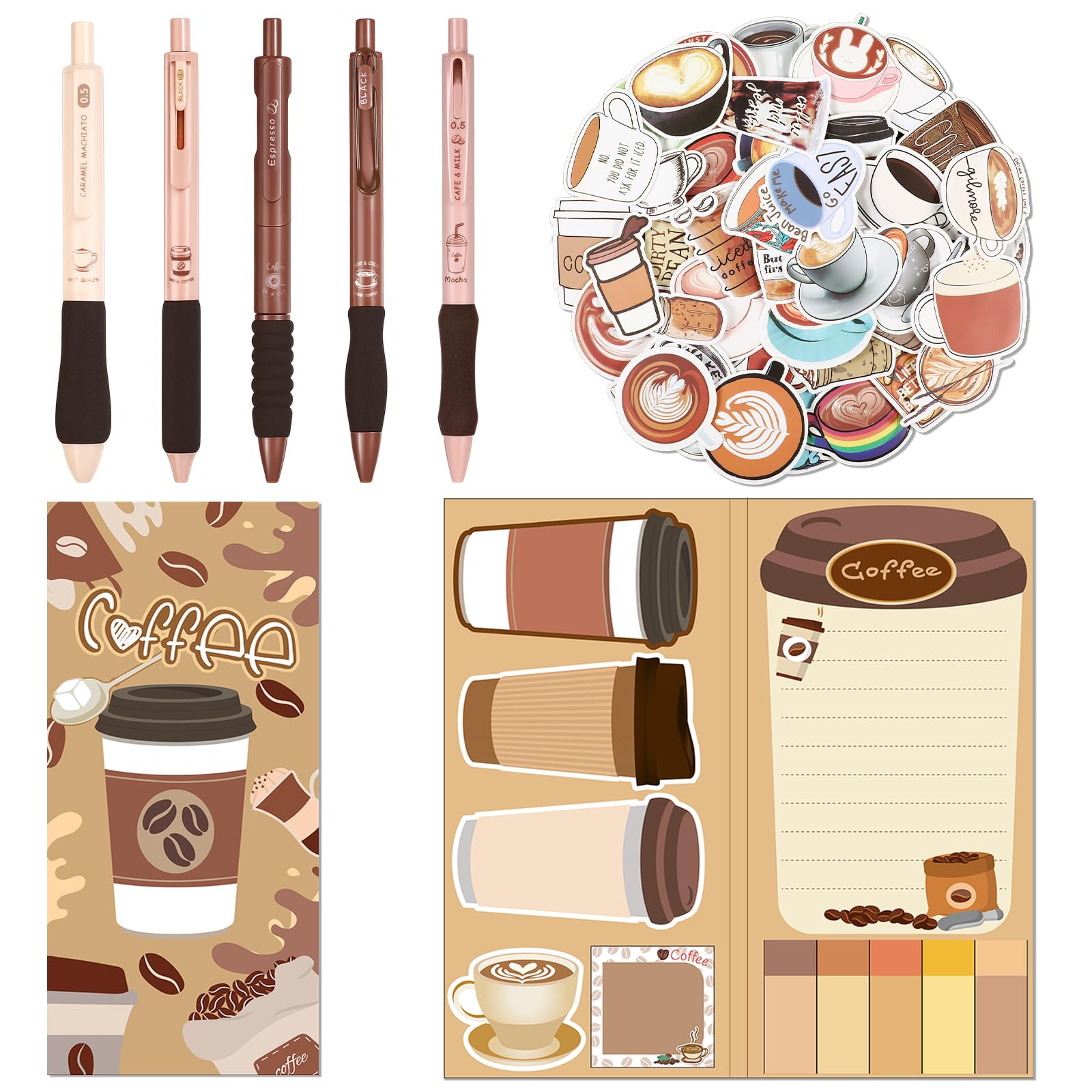 Dunzoom 56 Pieces Coffee Themed Gifts for Coffee Lovers Aesthetic Stationery Set Includes 5 Pcs Black Ink Pens 1 Pad Sticky Note 50 Pcs Stickers for