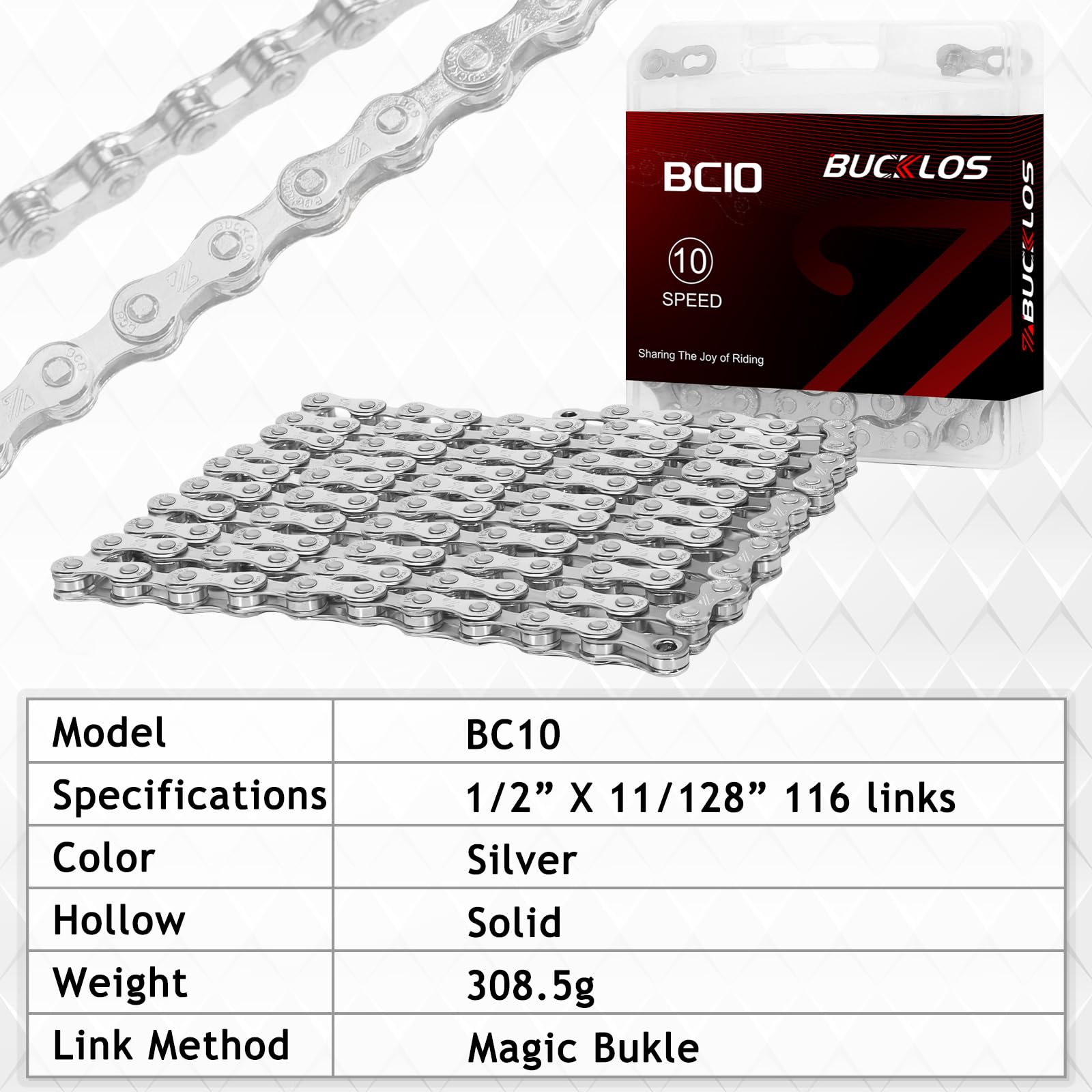 Catena per bicicletta, 10 velocità, 1/2 x 11/128 pollici, 116 maglie per bici da corsa/mountain bike/MTB, compatibile con SHIMANO/SRAM/KMC, argento