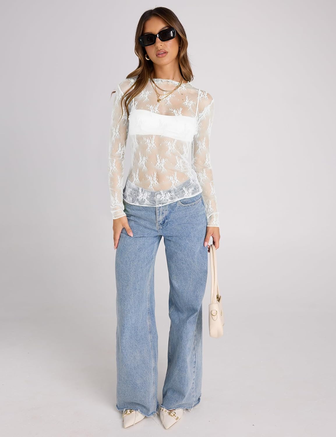 KTILG Womens Mesh Long Sleeve Top Sheer Blouse Sexy See Through Tee Shirt Lace Tops S-XXL - Image 4