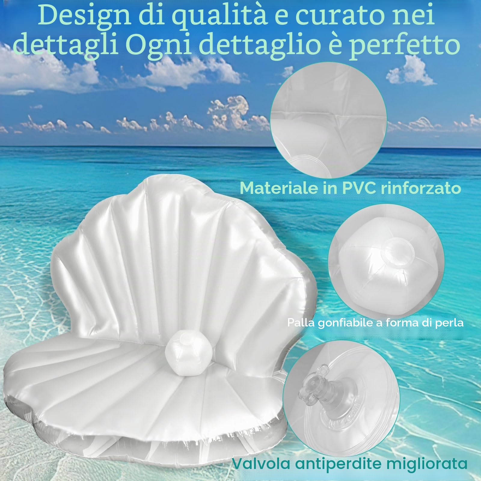 BOXOB Galleggiante da Piscina a Forma di Conchiglia, 144cm Spesso Gonfiabile Gigante con Palla di Perle per Addio al Nubilato Tema Oceano e Estate Spiaggia Festa in Piscina Decorazione