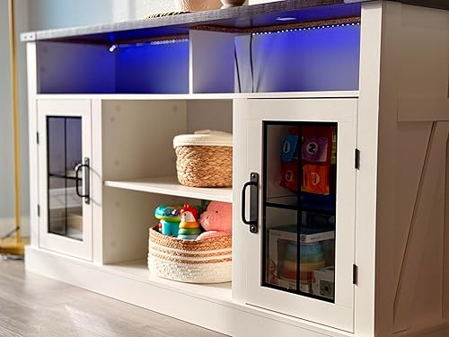 Miniatura 7 de WLIVE Soporte de TV de granja para TV de 65 pulgadas, centro de entretenimiento alto con luces LED y armarios de almacenamiento, mesa consola