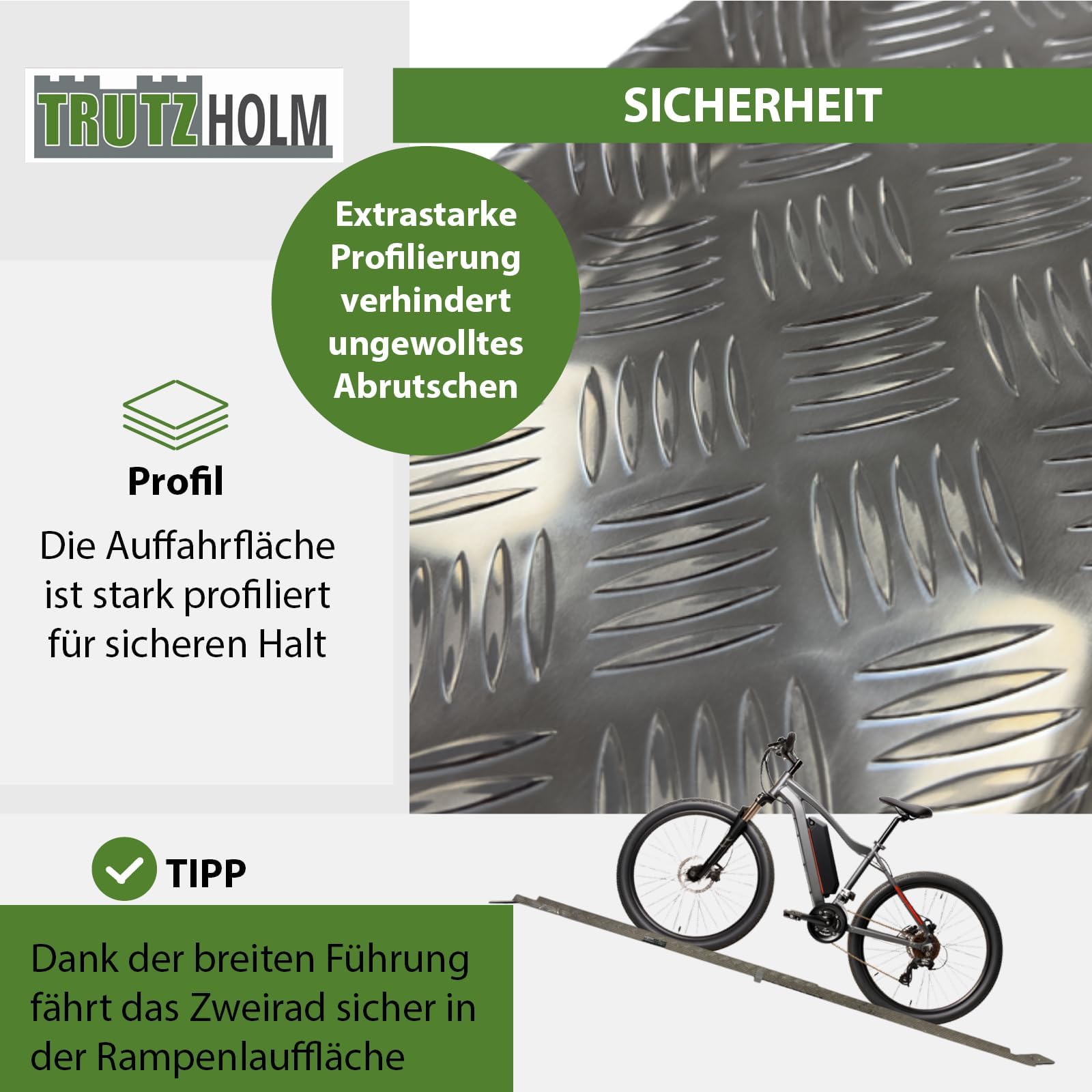 TRUTZHOLM Auffahrschiene Aluminium Länge 150-270 cm verstellbar Traglast 50 kg Treppenrampe für E-Bike Fahrrad Mofa mit rutschfestem Tränenblech Rampe Fahrradrampe leicht mit gummierter Auflage