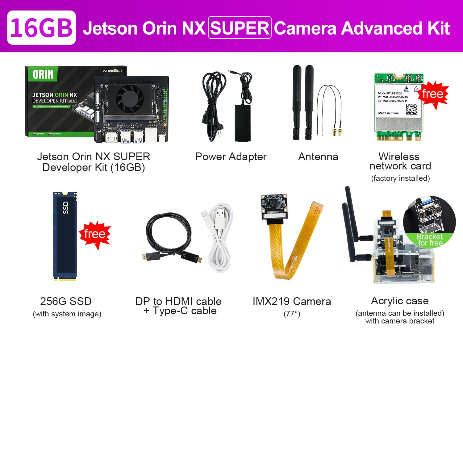 Yahboom Jetson Orin NX 16GB Super Camera Advance Kit,157 Tops,256GB SSD | IMX219 Camera,Acrylic Case,Antenna,Wireless Network Card,Ubuntu 22.04 System AI Heat Dissipation