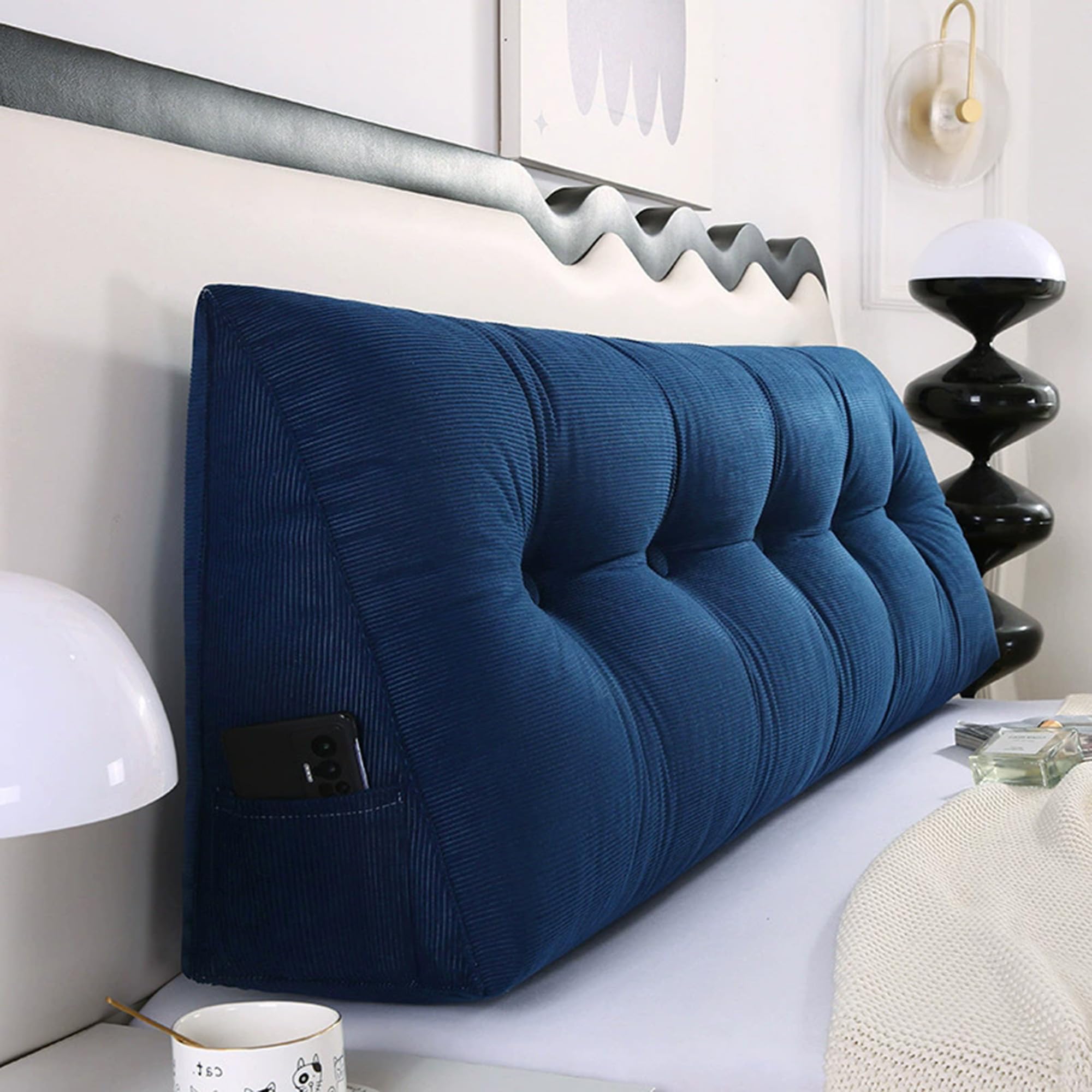 Hruile Wedge Back Lumbar Pillow, Triangular Headboards Pillow, Cosy Back Cushion for Sofa and Bed, Reading Cushion with Side Pocket, Sofa Daybed Positioning Bolster (180x50x20cm,Blue)