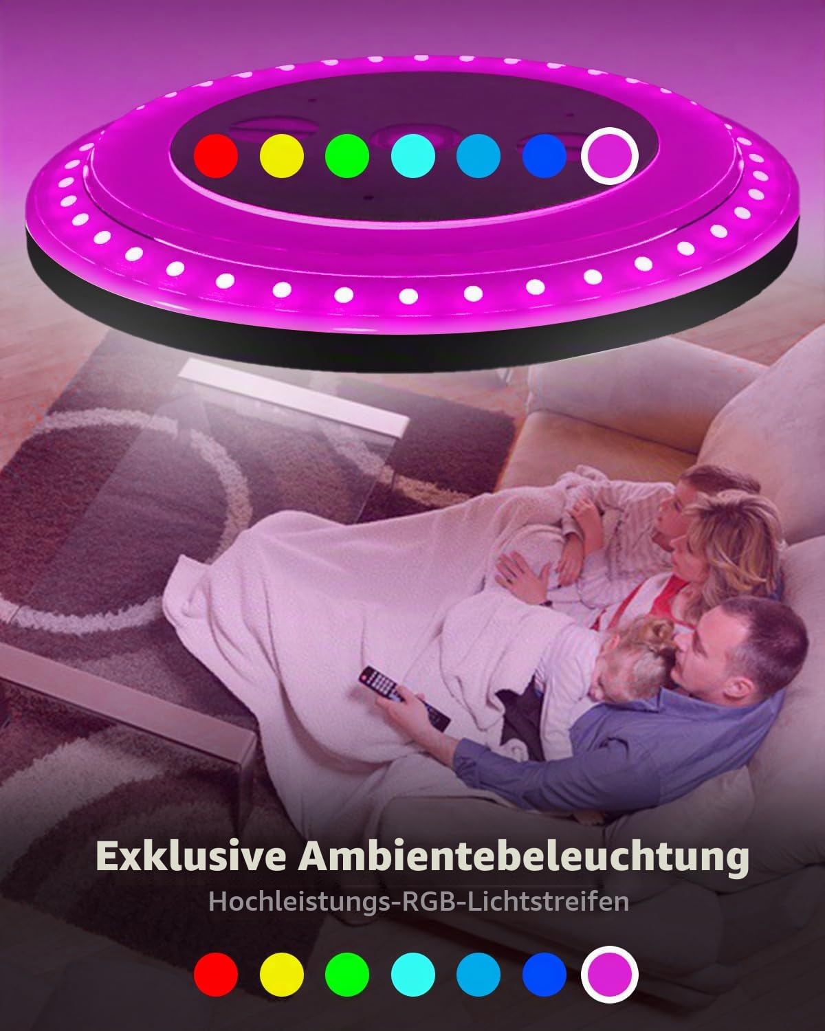 zemty LED Deckenleuchte Dimmbar 49CM, 42W 3360LM RGB Deckenlampe mit Fernbedienung, 3000K-6500K Wasserfest Badezimmer Lampe Decke für Bad Kinderzimmer Schlafzimmer Wohnzimmer Schwarz