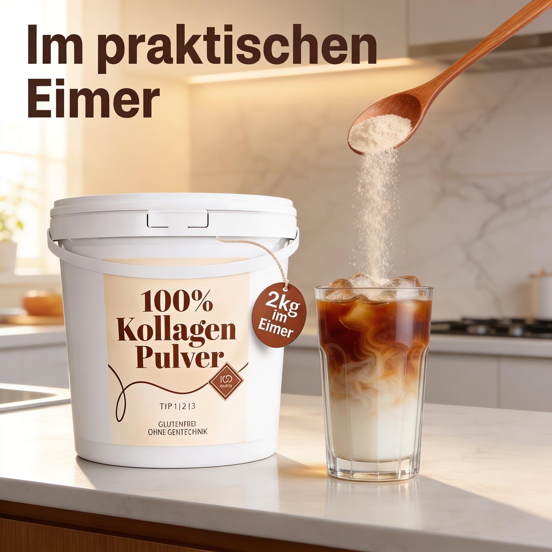 Barattolo da 2 kg di collagene in polvere ad alto dosaggio 100years – Collagene in polvere puro al 100%, senza aromi né additivi – Peptidi di collagene di tipo 1, 2 e 3 – Confezionato in Germania