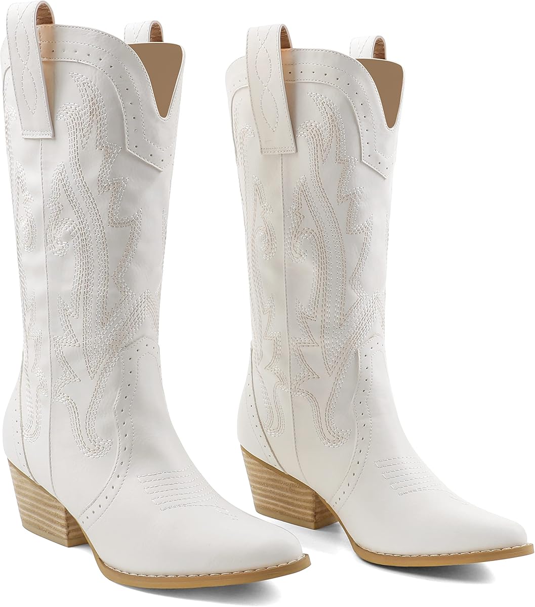 Amazon.com | Zzheels Women Mid-calf Cowboy Boots Pointy Toe Boot Embroidered Western Cowgirl Boots Chunky Heels White US7 | Mid-Calf