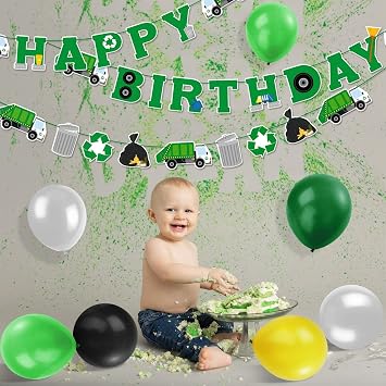Bessmoso 56 Pcs Garbage Truck Birthday Decoration Trash Truck Birthday Banner, Latex Balloons, Cake Topper, Cupcake Toppers Trash Waste Management Recycling Baby Shower Truck Themed Party Supplies