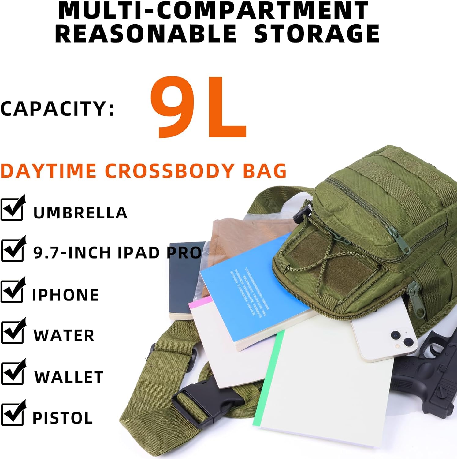 J.SH Tactical Sling Bag 4-in-1 Tactical Backpack Men's Military Crossbody Bag Features Hidden Storage Pockets EDC Backpack for Hiking, Cycling, and Running - Green - Image 8