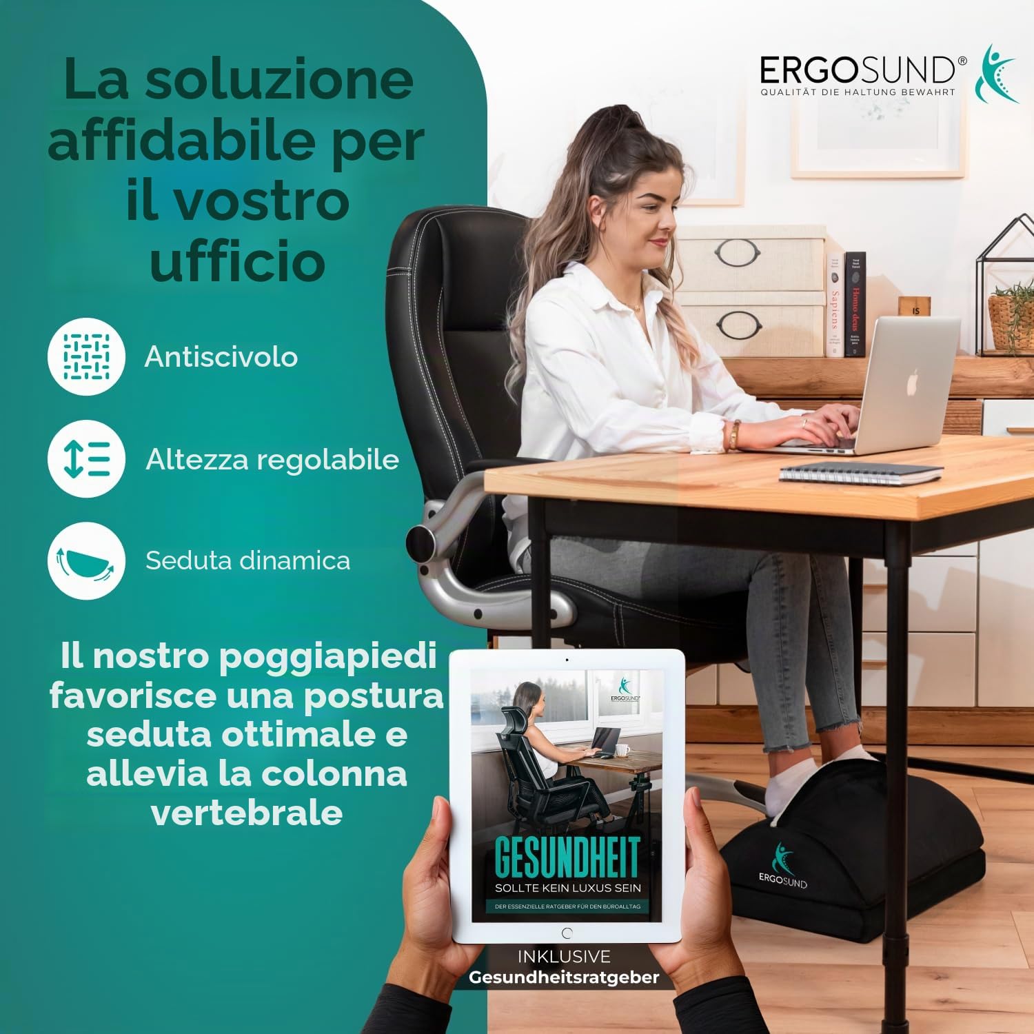 ERGOSUND Poggiapiedi da scrivania [con tasca migliorata] poggiapiedi regolabile in altezza [antiscivolo] poggiapiedi ergonomico, per ufficio
