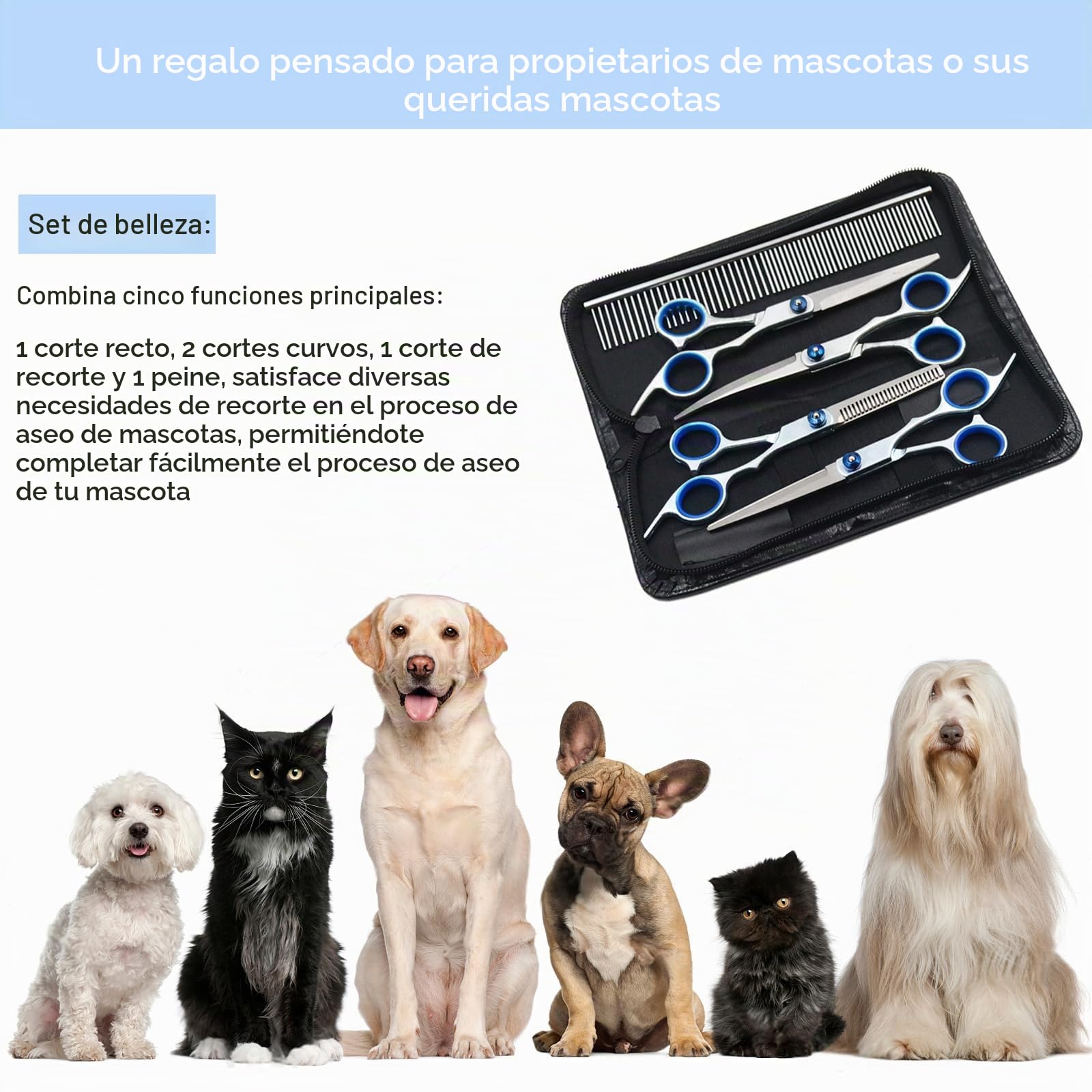 Gentpovth Tijeras peluqueria canina 5 en 1, Profesional Gato Perro Aseo Tijeras, para Aseo Mascotas Bricolaje, con Tijera para Adelgazar, Tijeras Curvas y Rectas, Peine, para perros, gatos
