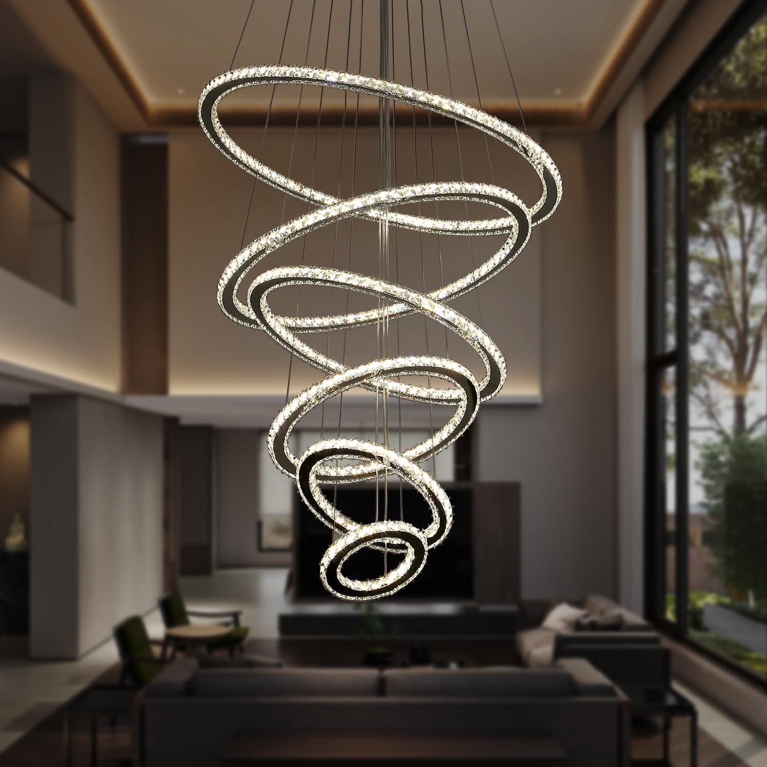 Modern Crystal Chandelier, 6 Ring High Ceiling Chandelier with Remote Control, Large LED Chandeliers for Living Room, Dimmable & Color Temperature Adjustable D8-12-16-20-24"-28" 6ring
