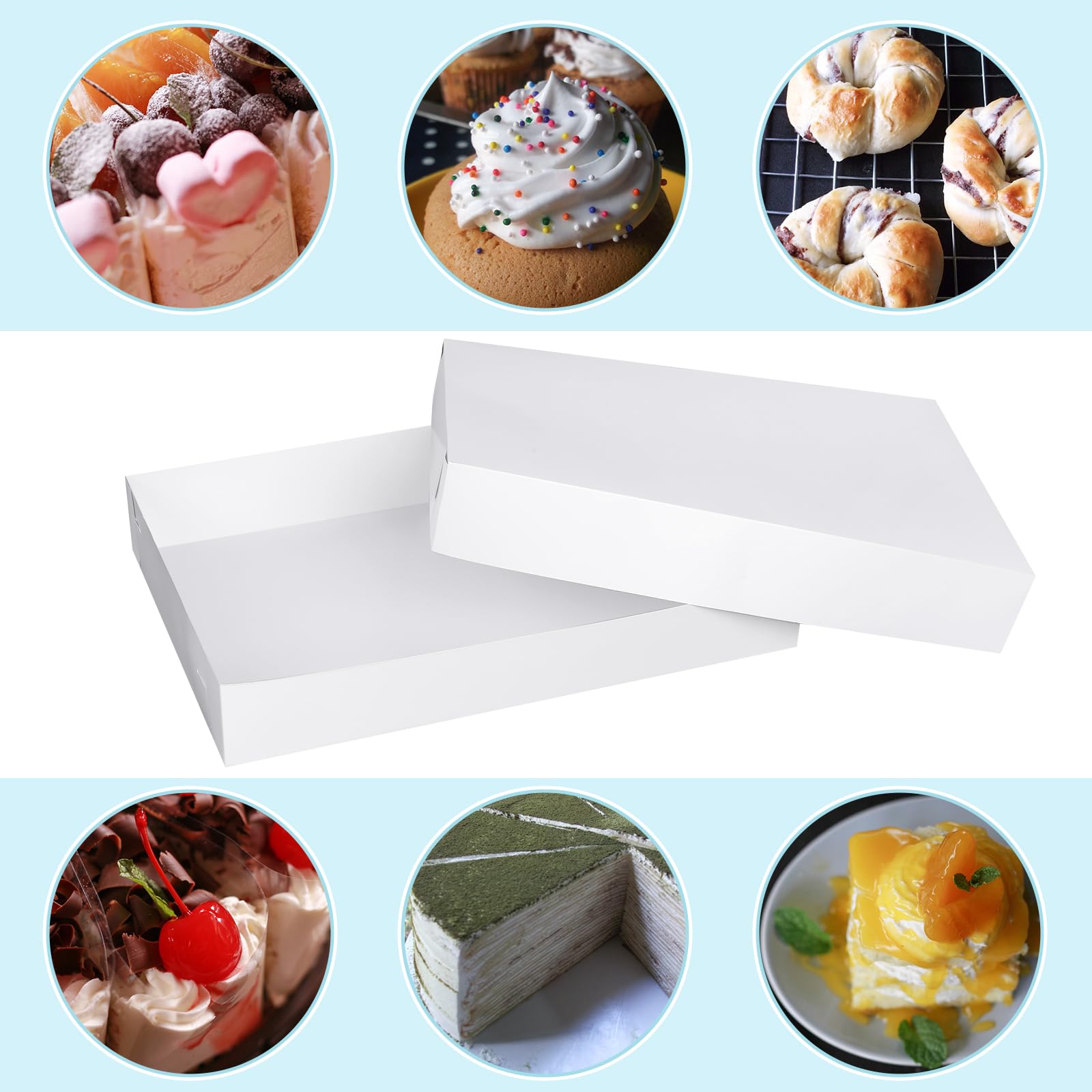 Confezione da 12 scatole per torte, 66 x 45 x 10 cm, senza finestra, per torte, feste, pane, cucina, panetteria, casa, compleanno (bianco)