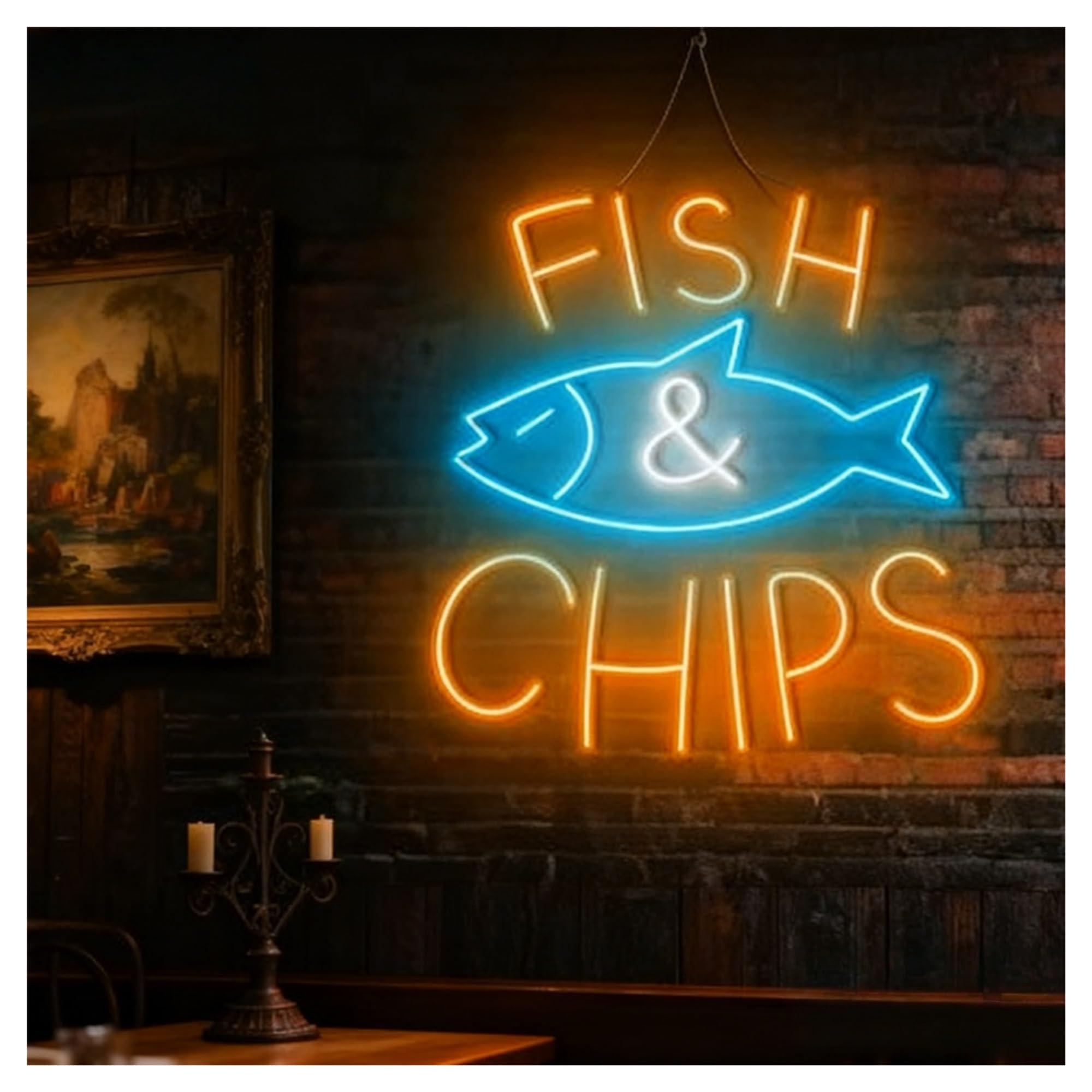 Hängende Kunst Leuchtreklamen Neonschild "Fish & Chips" USB-betrieben, Dimmbar, Restaurant-Geschäftsdekor, Machen Sie Ihr Geschäft Glänzender, 38cm