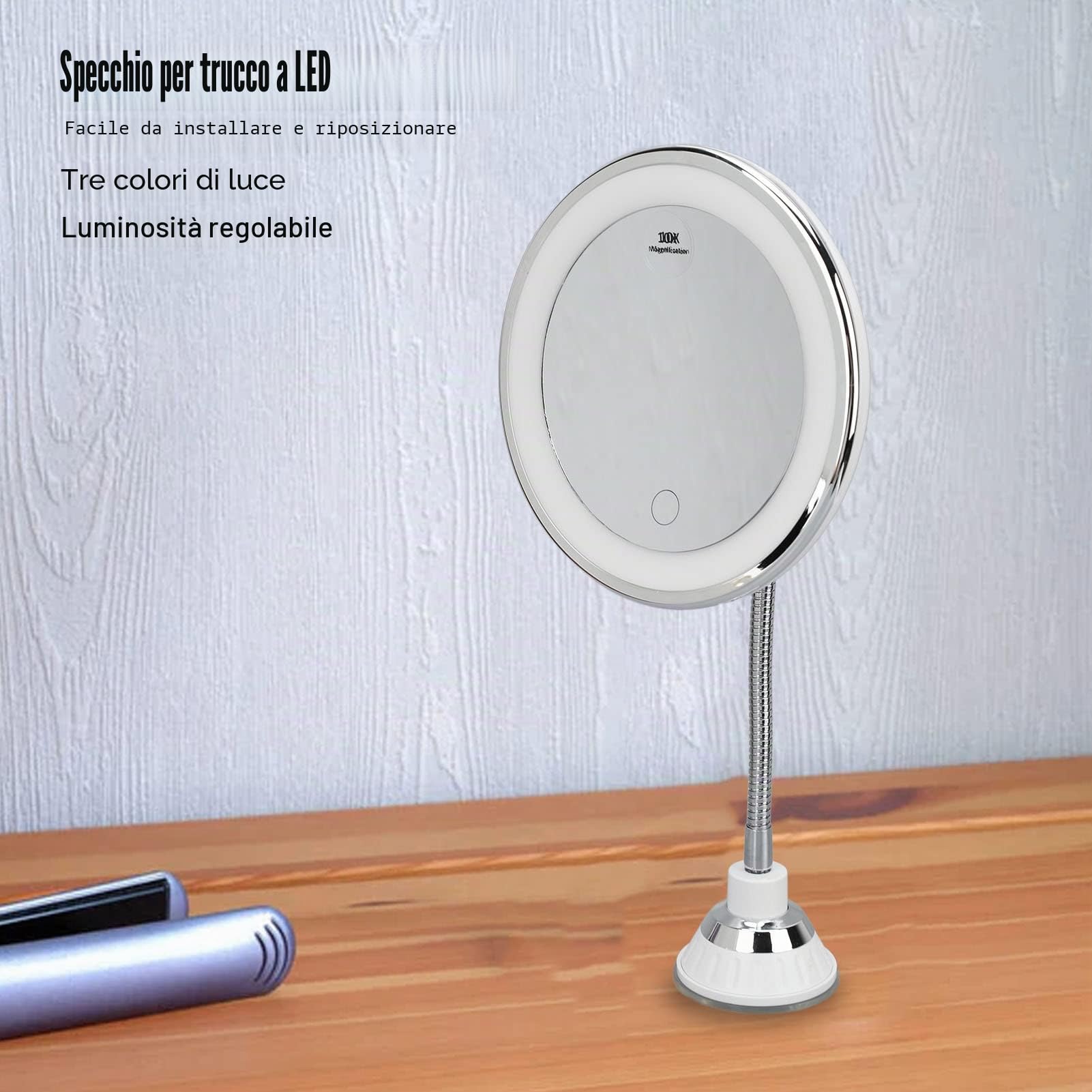 Agatige Specchio illuminato per il trucco con ingrandimento 10x, braccio girevole a 360 gradi, specchio LED a luminosità regolabile con ventosa per casa, bagno, ufficio e viaggi