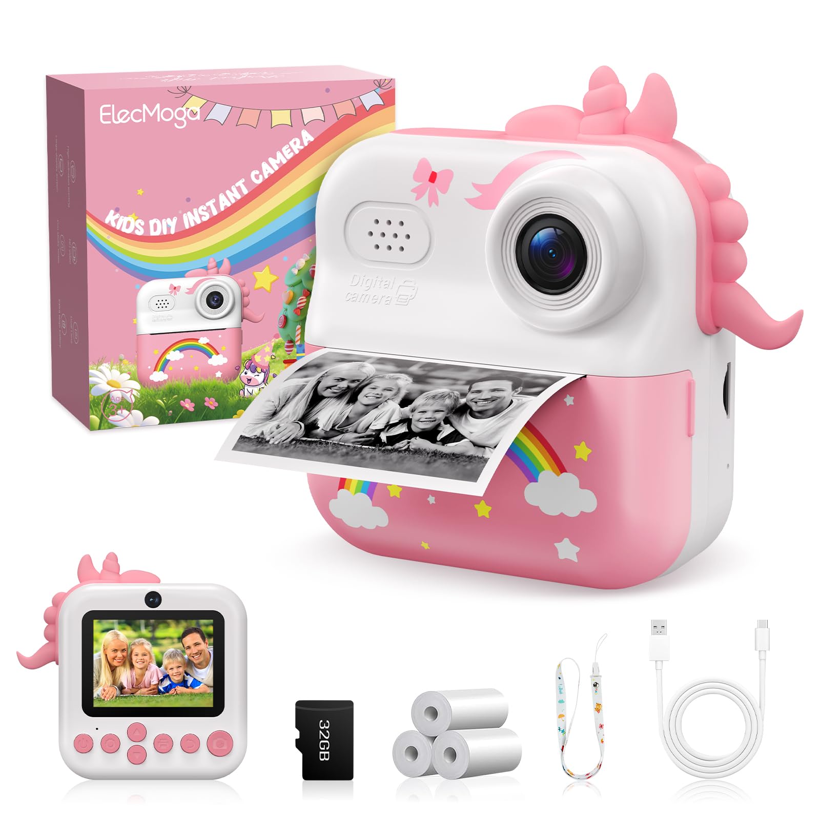 ElecMoga Sofortbildkamera Kinder, 48MP Kinderkamera 1080P HD 2,4 Zoll Bildschirm Digitalkamera mit 32GB Karte & DruckerPapier, Kinder Spielzeug Geburtstag Weihnachten Geschenk für 3-12 Jahren Mädchen